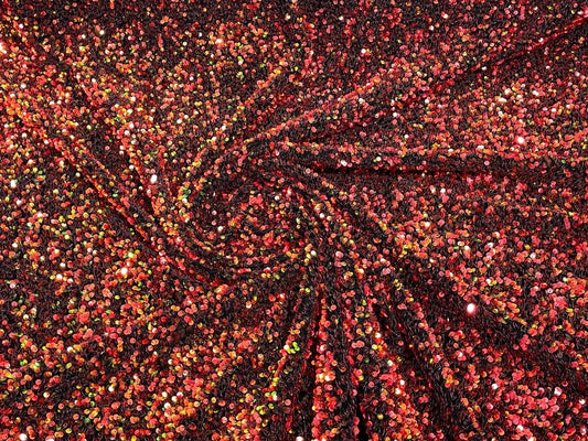 5mm Sequins on a Stretch Velvet 2-Way Stretch Sold By The Yard. Red Orange Iridescent