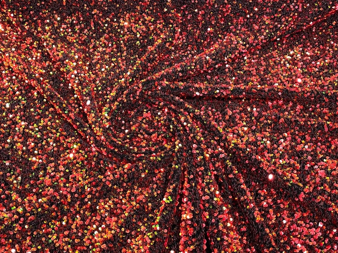 5mm Sequins on a Stretch Velvet 2-Way Stretch Sold By The Yard. Red Orange Iridescent For Prom Dress Evening Wedding Bridal Gowns