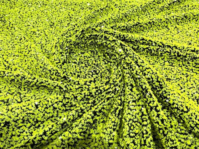 5mm Sequins on a Stretch Velvet 2-Way Stretch Sold By The Yard. Neon Green For Prom Dress Evening Wedding Bridal Gowns