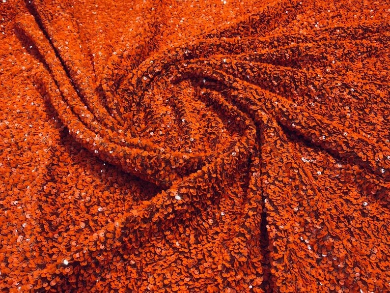 5mm Sequins on a Stretch Velvet 2-Way Stretch Sold By The Yard. Burnt Orange For Prom Dress Evening Wedding Bridal Gowns