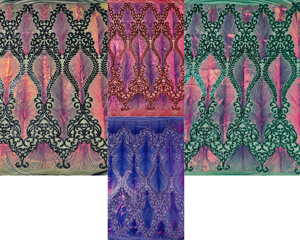 Iridescent Feather's Design Fashion Sequin Design on a 4 Way Stretch Mesh Fabric-Prom-Sold by The Yard.
