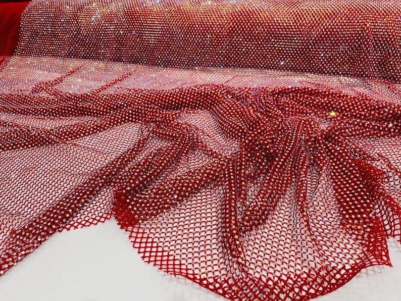 Luxury Iridescent Rhinestones On Soft Stretch Fish Net Fabric 45" Wide -sold by The Yard.