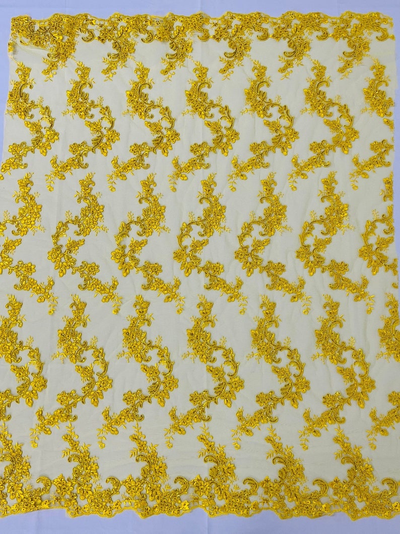 Corded Branches Design Lace Fabric -- Embroidery on a Mesh Lace Fabric By The Yard