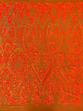 Luxury Fashion Design with Sequins Embroider on a 4 Way Stretch Mesh Fabric-Sold by The Yard. Orange Iridescent