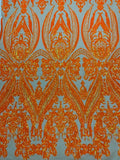 Luxury Fashion Design with Sequins Embroider on a 4 Way Stretch Mesh Fabric-Sold by The Yard. Neon Orange Iridescent