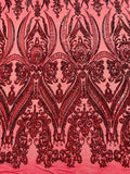 Luxury Fashion Design with Sequins Embroider on a 4 Way Stretch Mesh Fabric-Sold by The Yard. Burgundy