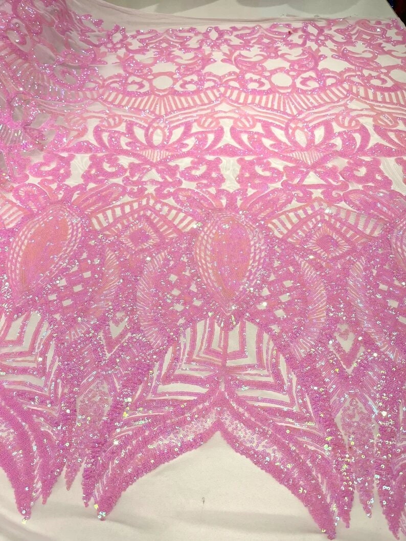 Mermaid Fashion Design with Sequins Embroider on a 4 Way Stretch Mesh Fabric-Sold by The Yard. Candy Pink Iridescent