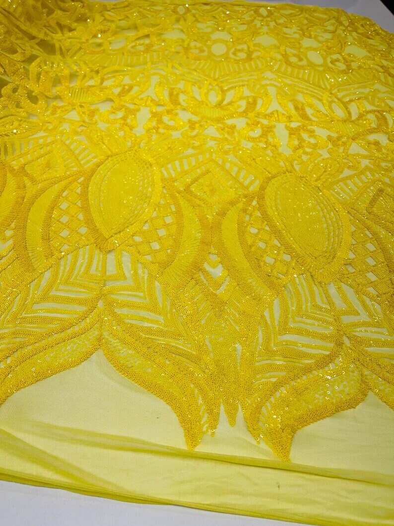 Mermaid Fashion Design with Sequins Embroider on a 4 Way Stretch Mesh Fabric-Sold by The Yard. Bright Yellow