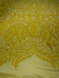 Mermaid Fashion Design with Sequins Embroider on a 4 Way Stretch Mesh Fabric-Sold by The Yard. Bright Yellow Iridescent
