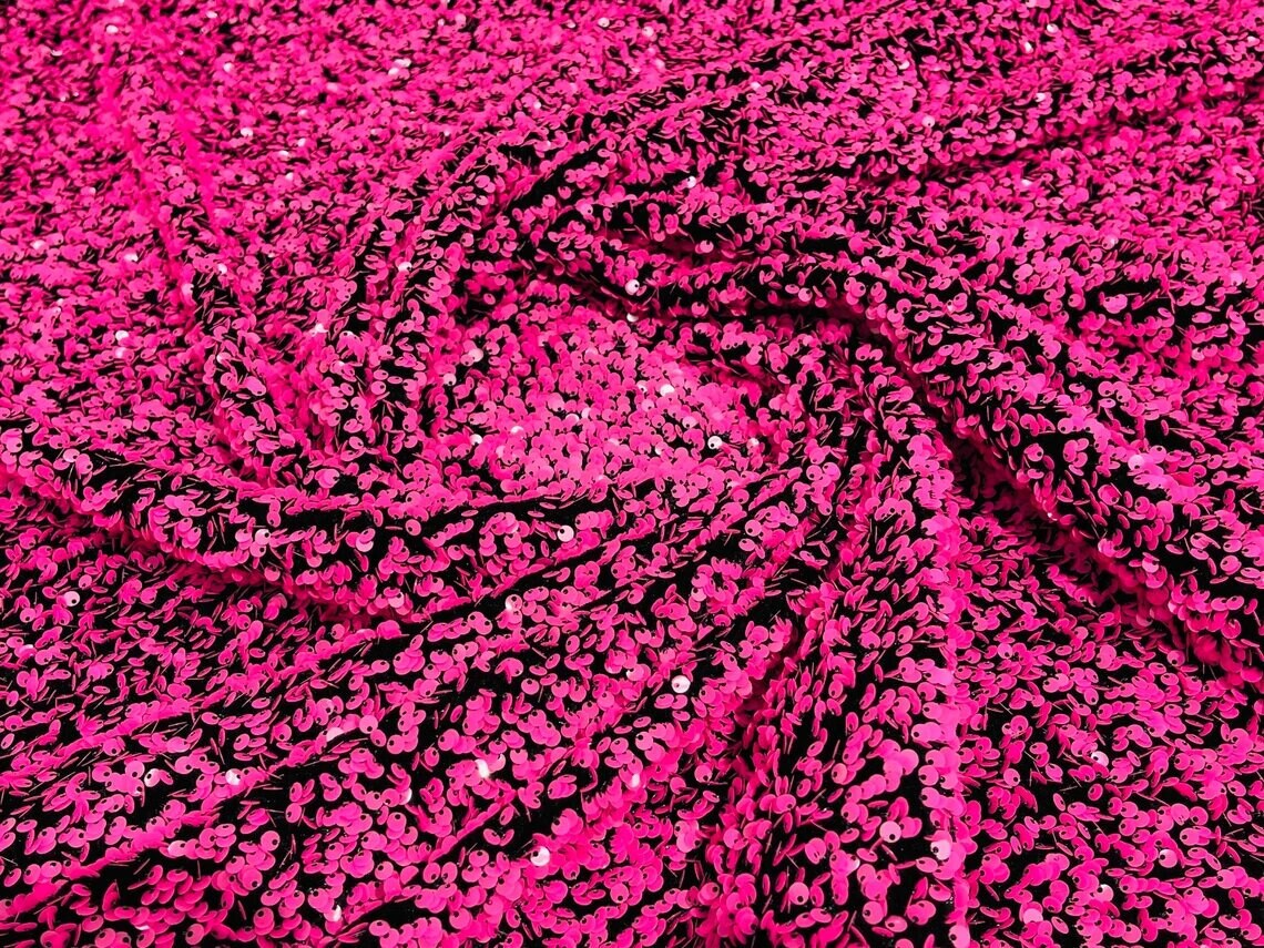 5mm Sequins on a Stretch Velvet 2-Way Stretch Sold By The Yard. Neon Pink Black For Prom Dress Evening Wedding Bridal Gowns