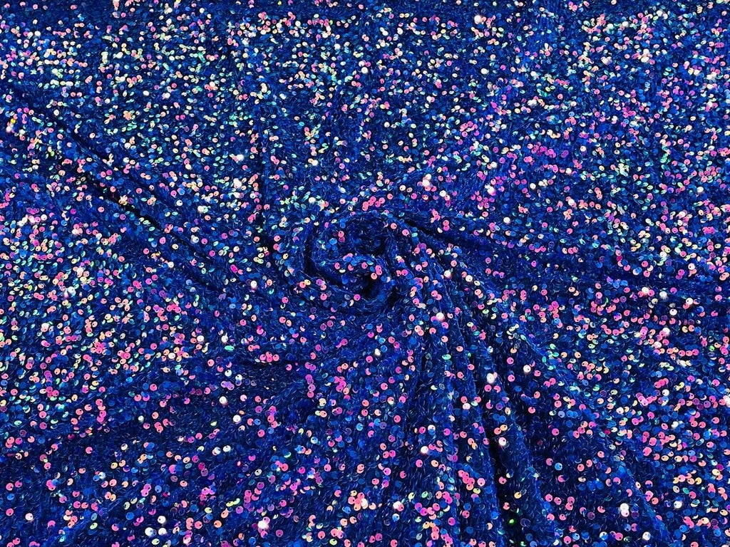 5mm Sequins on a Stretch Velvet 2-Way Stretch Sold By The Yard. Rainbow Royal Iridescent For Prom Dress Evening Wedding Bridal Gowns