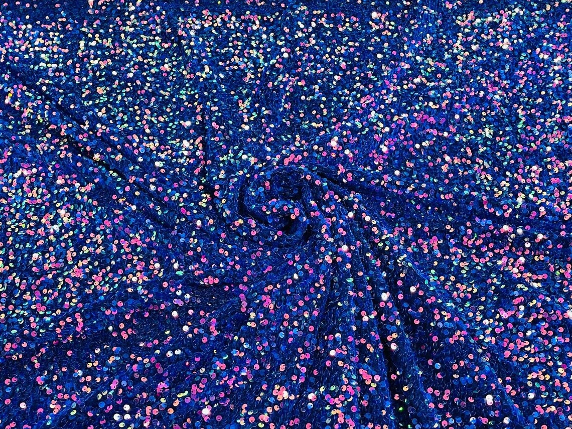 5mm Sequins on a Stretch Velvet 2-Way Stretch Sold By The Yard. Rainbow Royal Iridescent For Prom Dress Evening Wedding Bridal Gowns