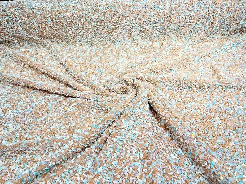 5mm Sequins on a Stretch Velvet 2-Way Stretch Sold By The Yard. Aqua White Iridescent For Prom Dress Evening Wedding Bridal Gowns