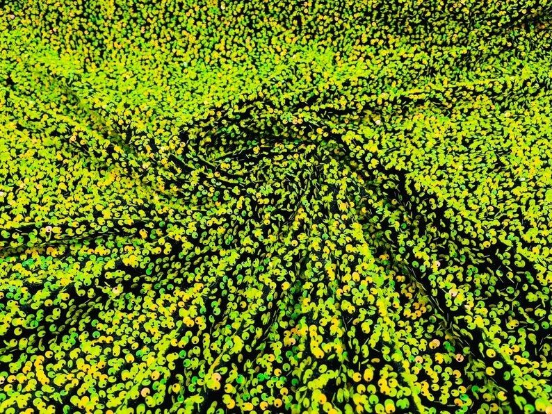 5mm Sequins on a Stretch Velvet 2-Way Stretch Sold By The Yard. Neon Green Iridescent