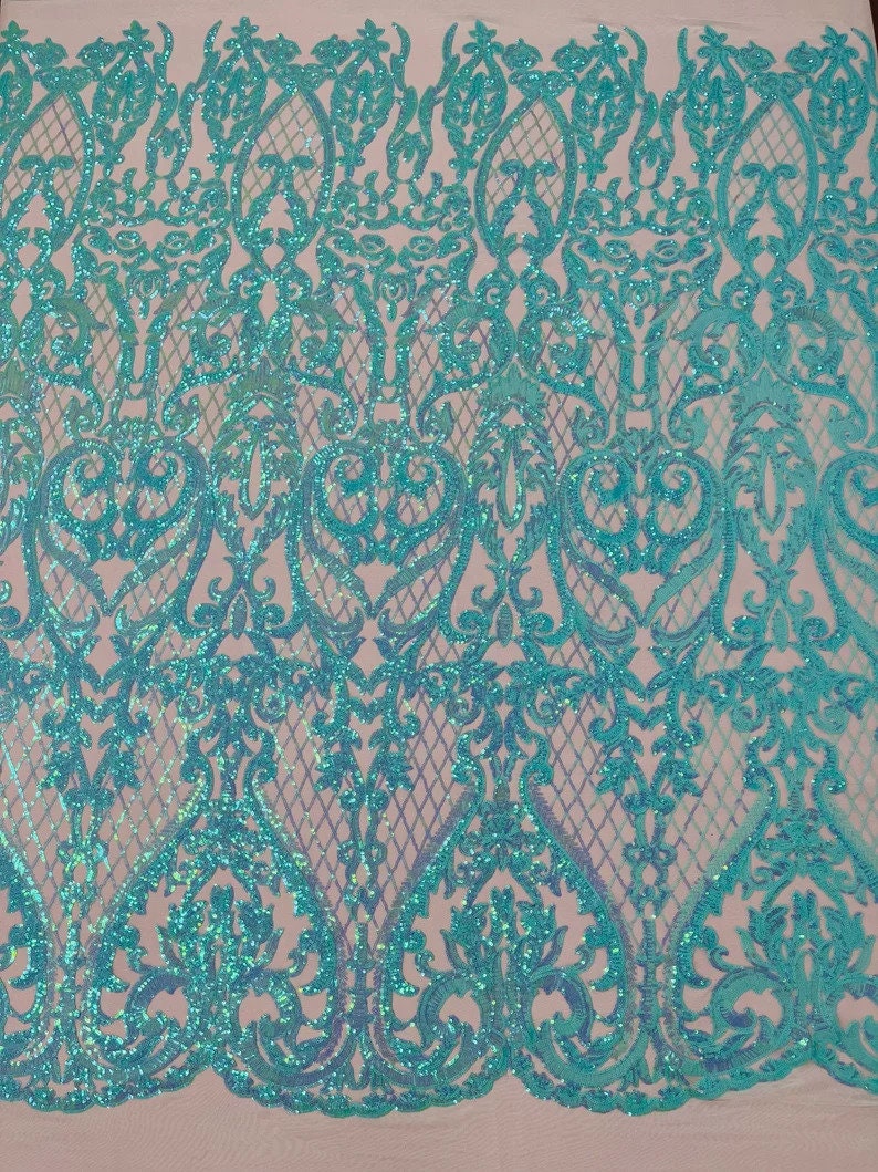 Iridescent Deluxe Fashion Sequin Design on a 4 Way Stretch Mesh Fabric-Prom-Sold by The Yard.