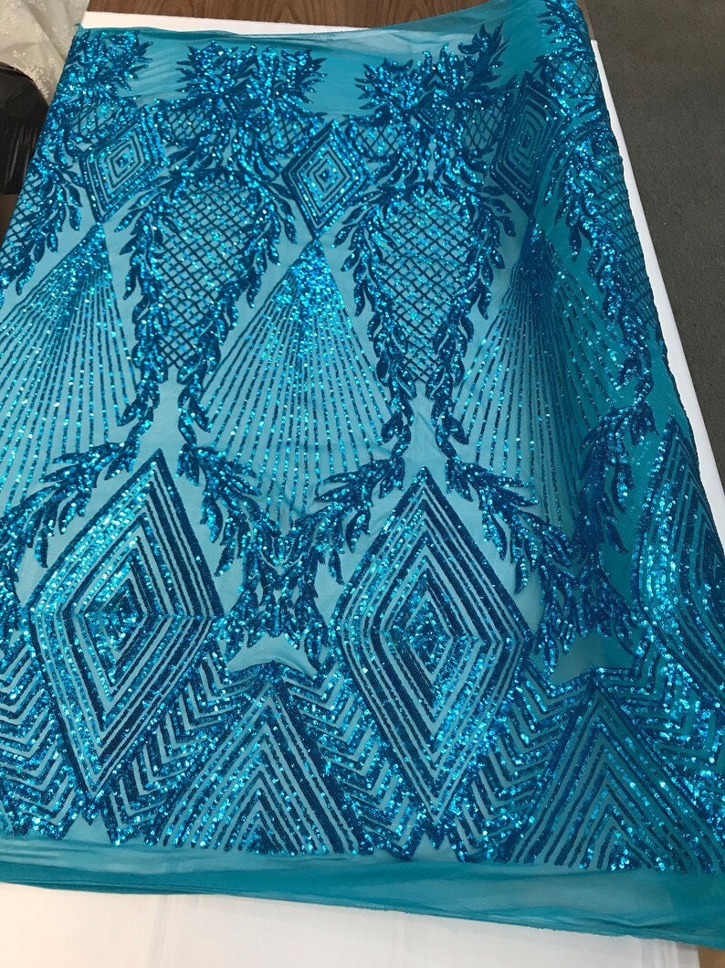Iridescent Top Nouch Geometric Fashion Sequin Design on a 4 Way Stretch Mesh Fabric-Prom-Sold by The Yard.