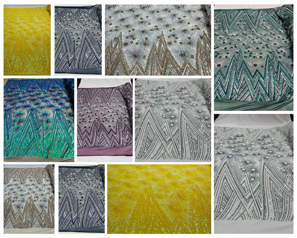 Iridescent Geometric Fashion Sequin Design on a 4 Way Stretch Mesh Fabric-Prom-Sold by The Yard.