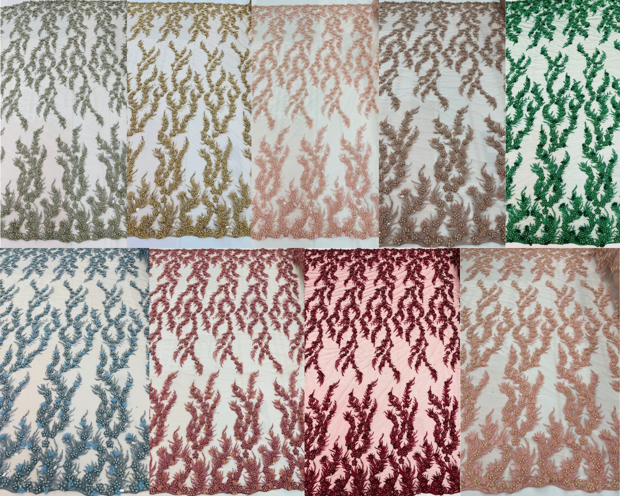 Luxury Branches Designs Embroider with Sequins and Heavy Beaded on a Mesh Lace Fabric-Sold by The Yard-