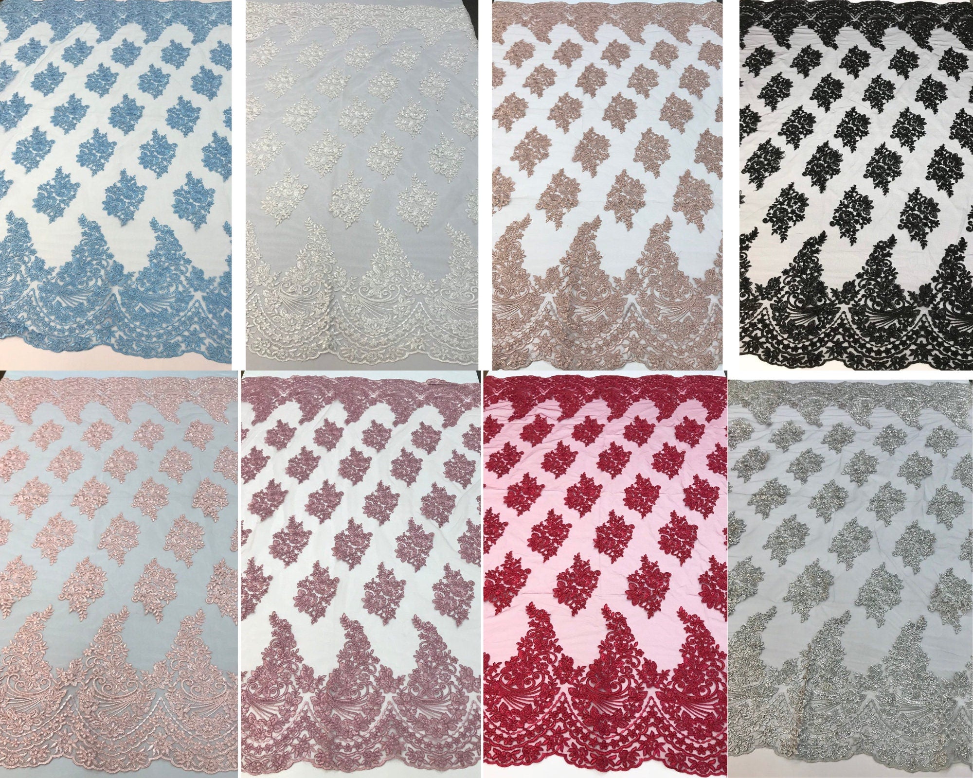 Corded Floral Lace Fabric -- Embroidery on a Mesh Lace Fabric By The Yard