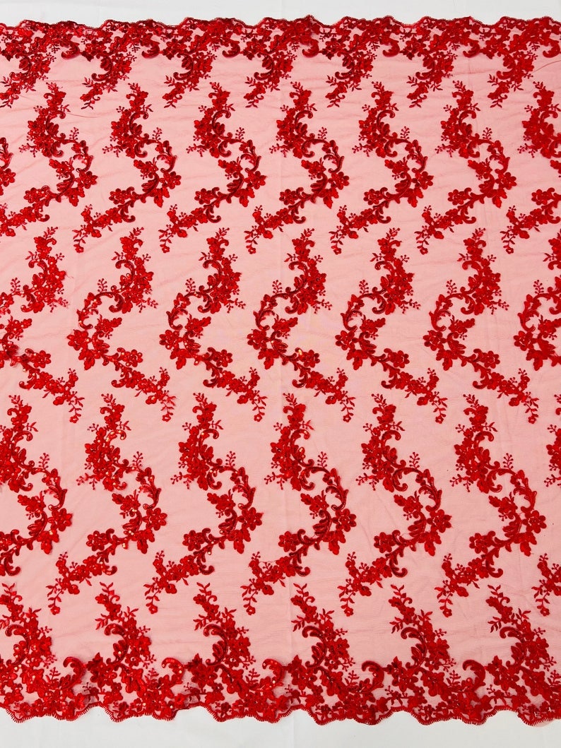 Corded Branches Design Lace Fabric -- Embroidery on a Mesh Lace Fabric By The Yard
