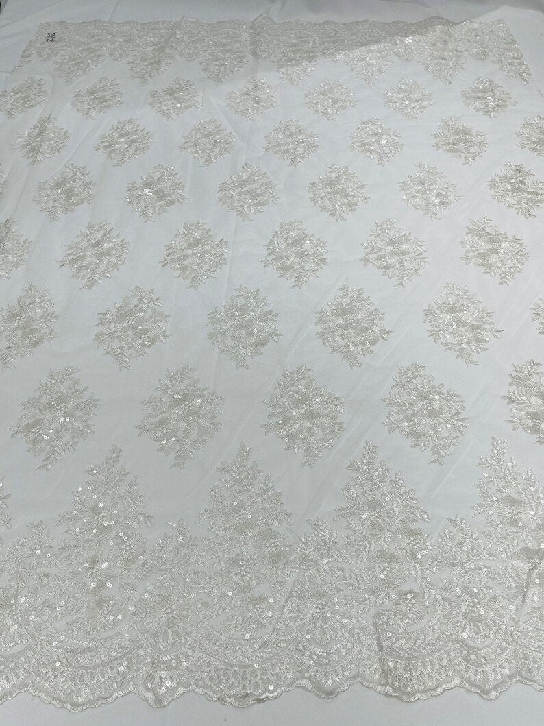 Corded Floral Lace With Glitter Sequins Fabric -- Embroidery on a Mesh Lace Fabric By The Yard