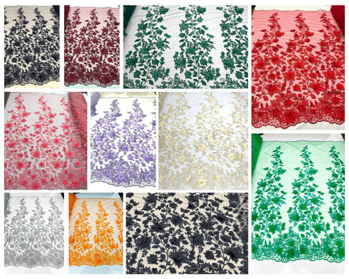 3D Beaded Floral Mixed Corded Flower Lace Fabric -- Embroidery on a Mesh Lace Fabric By The Yard