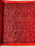 Geometric Luxury Fashion Design with Sequins Embroider on a 4 Way Stretch Mesh Fabric-Sold by The Yard. Red