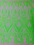 Luxury Fashion Design with Sequins Embroider on a 4 Way Stretch Mesh Fabric-Sold by The Yard. Neon Green Iridescent Nude