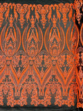 Luxury Fashion Design with Sequins Embroider on a 4 Way Stretch Mesh Fabric-Sold by The Yard. Neon Orange Iridescent Black