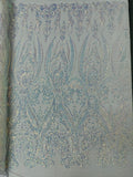 Luxury Fashion Design with Sequins Embroider on a 4 Way Stretch Mesh Fabric-Sold by The Yard. Aqua Iridescent White