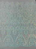 Hight Designs Fashion Design with Sequins Embroider on a 4 Way Stretch Mesh Fabric-Sold by The Yard. Clear Aqua Iridescent