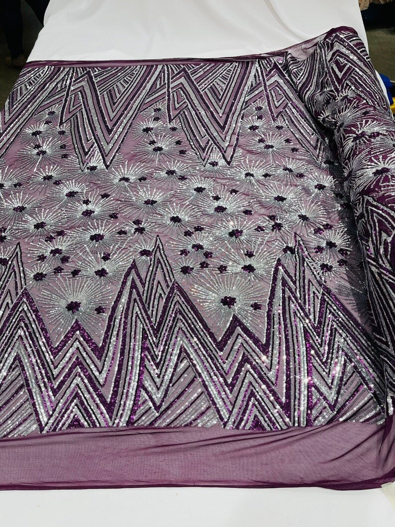 Iridescent Geometric Fashion Sequin Design on a 4 Way Stretch Mesh Fabric-Prom-Sold by The Yard.