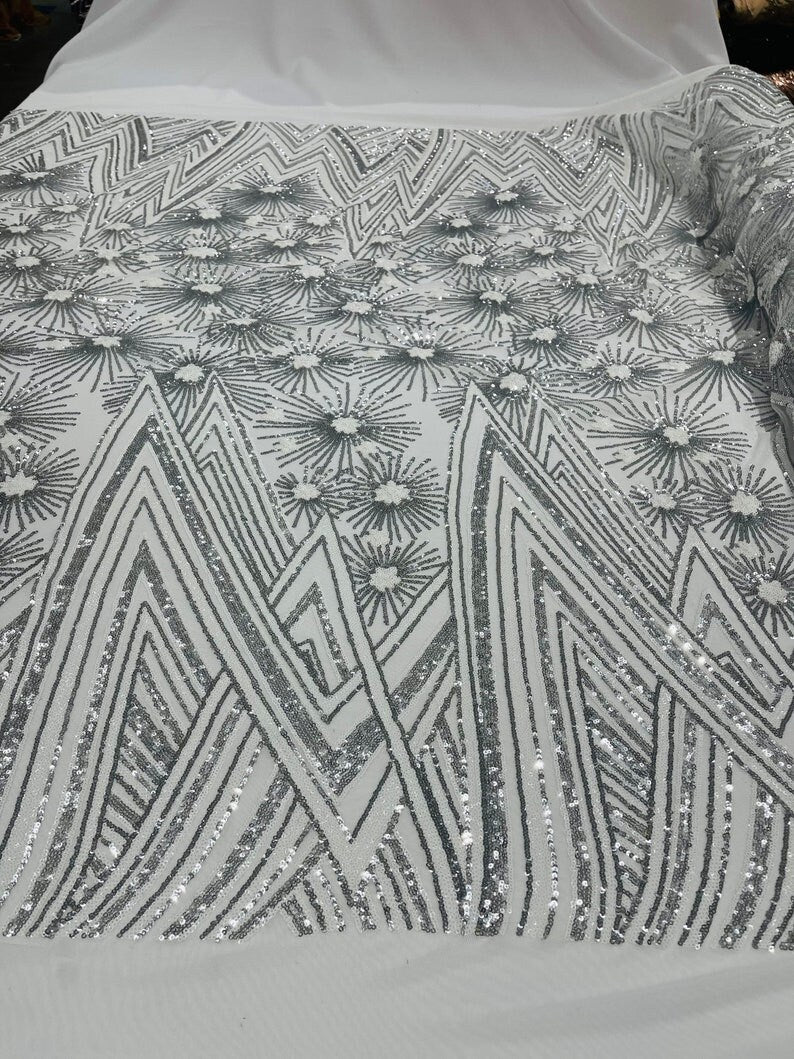 Iridescent Geometric Fashion Sequin Design on a 4 Way Stretch Mesh Fabric-Prom-Sold by The Yard.