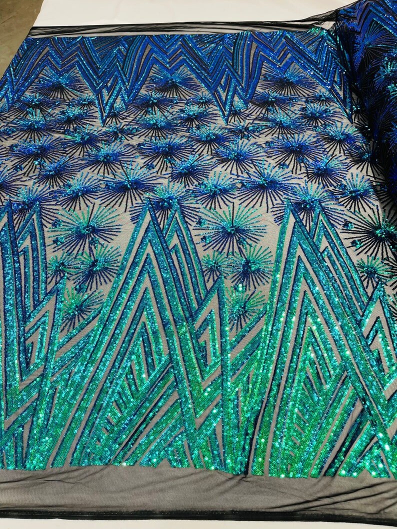 Iridescent Geometric Fashion Sequin Design on a 4 Way Stretch Mesh Fabric-Prom-Sold by The Yard.