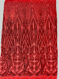 Sword Designs Fashion Design with Sequins Embroider on a 4 Way Stretch Mesh Fabric-Sold by The Yard. Red