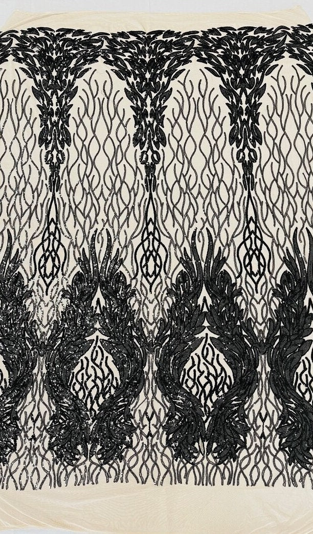 Exotic Fashion Design with Sequins Embroider on a 4 Way Stretch Mesh Fabric-Sold by The Yard. Black Nude
