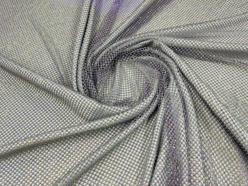 RHINESTONES - High Fashion - Rhinestones On Soft Stretch Fish Net Fabric 45" Wide -Sold by The Yard. Lilac