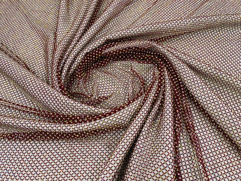 RHINESTONES - High Fashion - Rhinestones On Soft Stretch Fish Net Fabric 45" Wide -Sold by The Yard. Burgundy