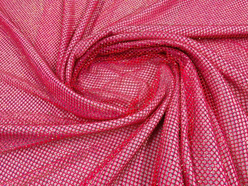 RHINESTONES - High Fashion - Rhinestones On Soft Stretch Fish Net Fabric 45" Wide -Sold by The Yard. Fuchsia