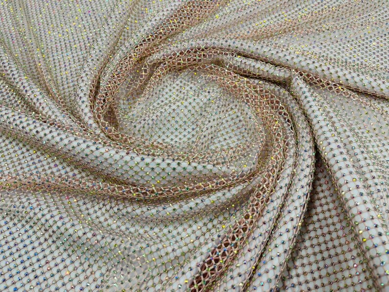 RHINESTONES - High Fashion - Rhinestones On Soft Stretch Fish Net Fabric 45" Wide -Sold by The Yard. Blush