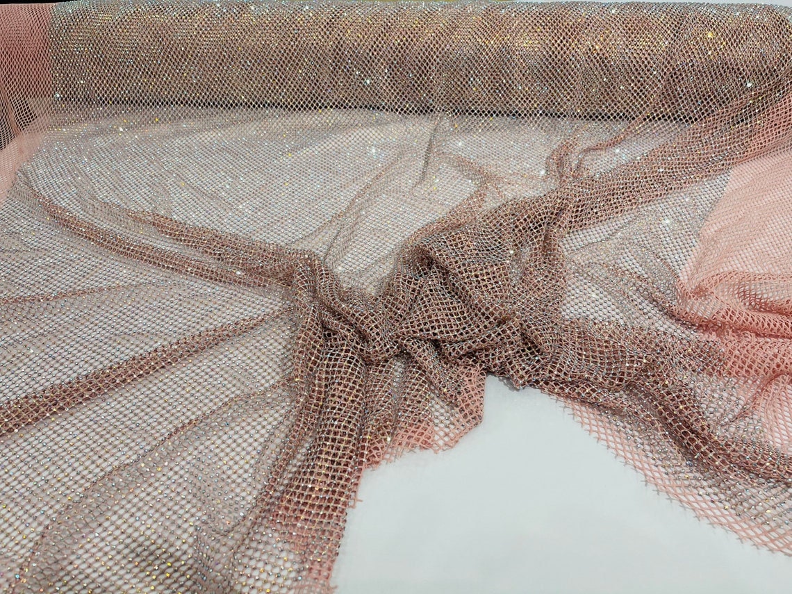 Rhinestones On Soft Stretch Fish Net Fabric 45" Wide -Sold by The Yard. Blush Pink
