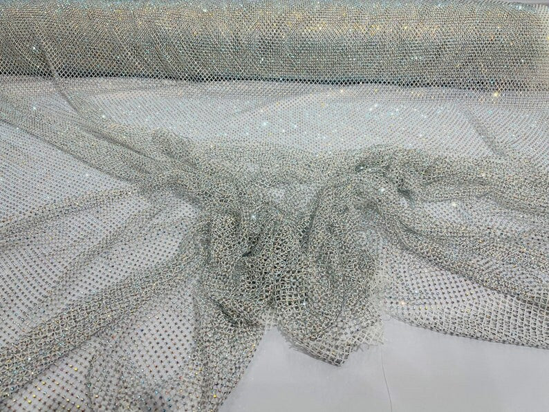 RHINESTONES - High Fashion - Rhinestones On Soft Stretch Fish Net Fabric 45" Wide -Sold by The Yard. White