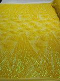 Geometric Luxury Fashion Design with Sequins Embroider on a 4 Way Stretch Mesh Fabric-Sold by The Yard. Yellow Iridescent