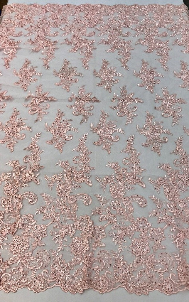 Floral Design Embroidery On a Mesh Lace With Sequins and Cord-Dresses-Fashion-Prom-Nightgown-Sold By The Yard Pink