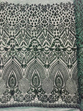Geometric Luxury Fashion Design with Sequins Embroider on a 4 Way Stretch Mesh Fabric-Sold by The Yard. Hunter