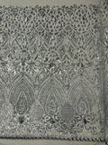 Geometric Luxury Fashion Design with Sequins Embroider on a 4 Way Stretch Mesh Fabric-Sold by The Yard. Silver