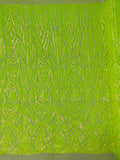 Geometric Luxury Fashion Design with Sequins Embroider on a 4 Way Stretch Mesh Fabric-Sold by The Yard. Neon Green Iridescent