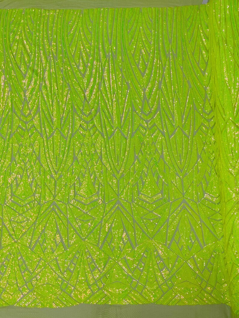 Geometric Luxury Fashion Design with Sequins Embroider on a 4 Way Stretch Mesh Fabric-Sold by The Yard. Neon Green Iridescent