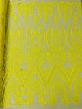 Luxury Fashion Design with Sequins Embroider on a 4 Way Stretch Mesh Fabric-Sold by The Yard. Yellow
