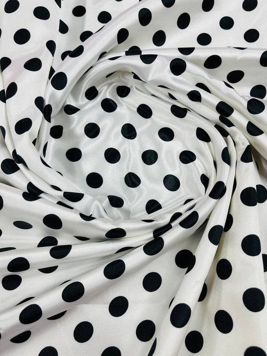 Polka Dot On A Soft Charmeuse Satin Fabric Sold By The Yard-60" Wide 100% Polyester. 1/2 Inch White Black
